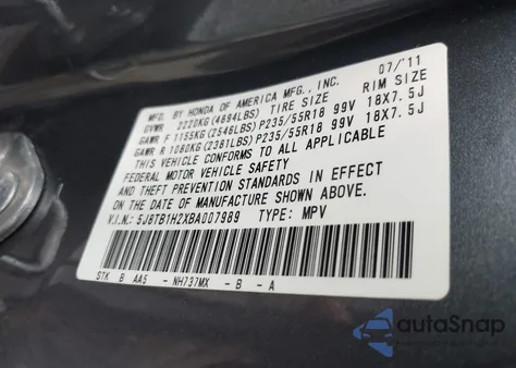 2011 Acura Rdx from USA, damaged, VIN 5J8TB1H2XBA007989